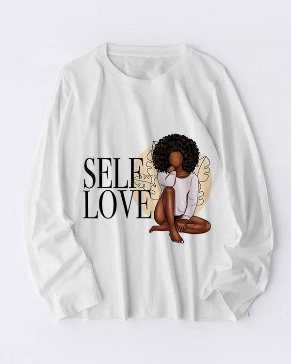 Self Love Print Cotton Crew Neck Long Sleeve T-shirt