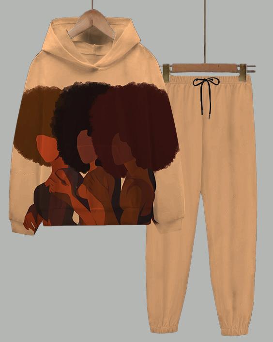 Melanin Girl Long-Sleeved Hoodie and Letter Casual Pants Set