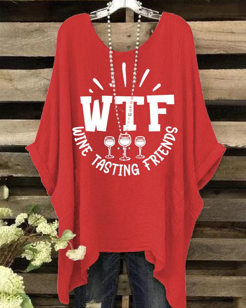 Women's Thanksgiving Wine Tasting Friends Crewneck Batwing Sleeve Printed Blouse