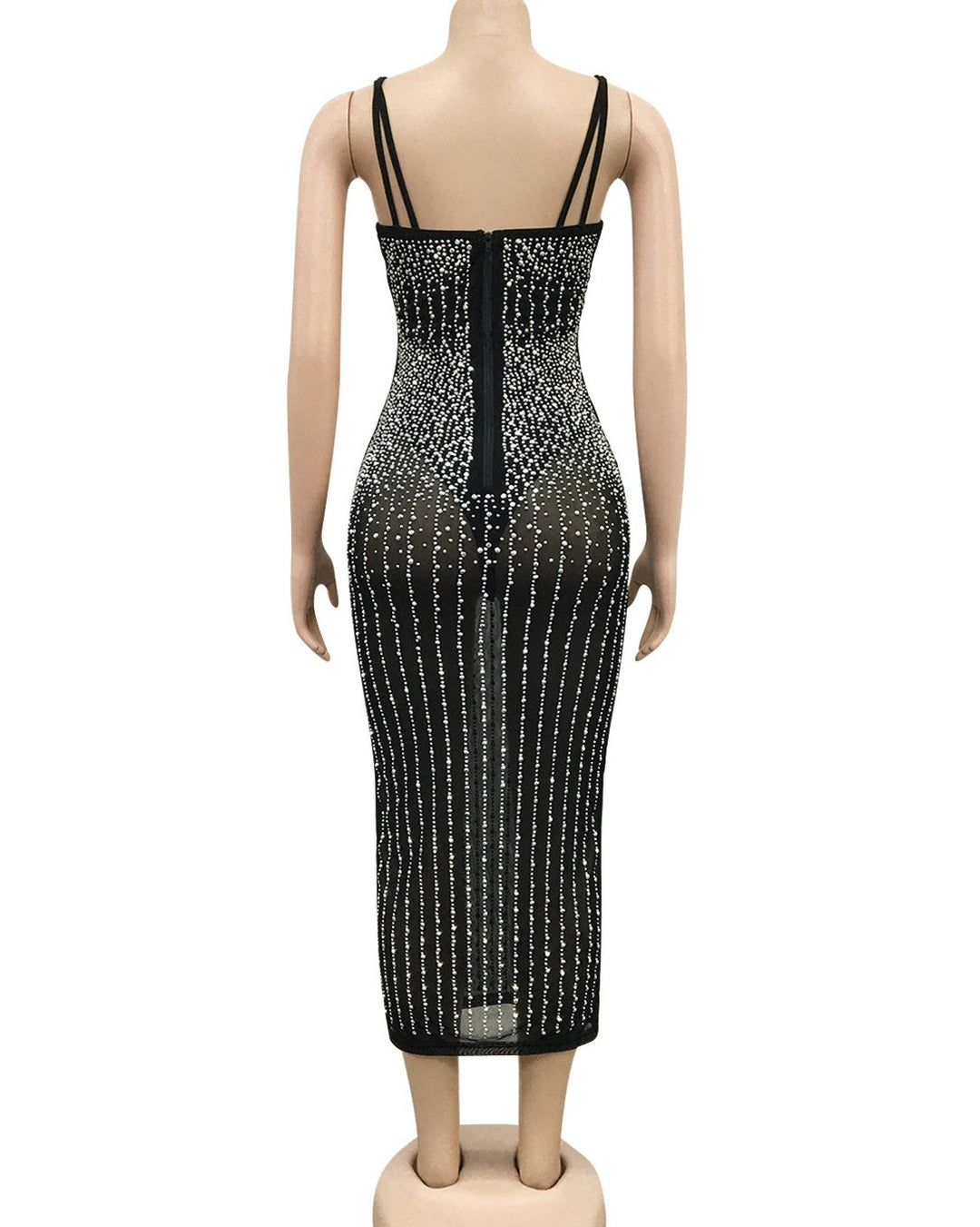 Women's Fashion Solid Color Sexy Waist Mesh See-through Rhinestone Sling Party Dress