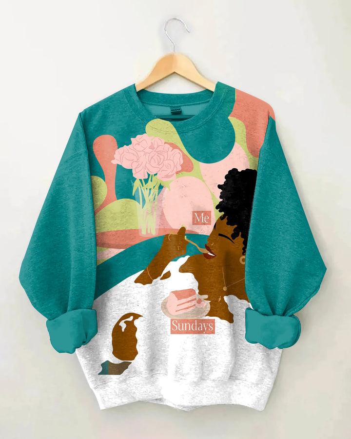 Comfortable Sundays Letter Cartoon Print Long Sleeve Sweatshirt