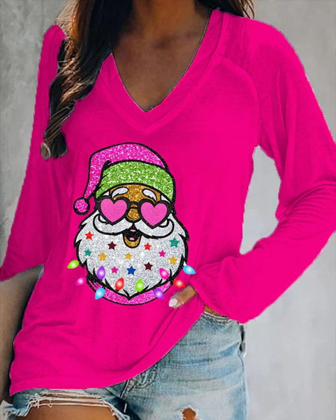 Women's Shiny Santa Print Long Sleeve V-Neck T-Shirt