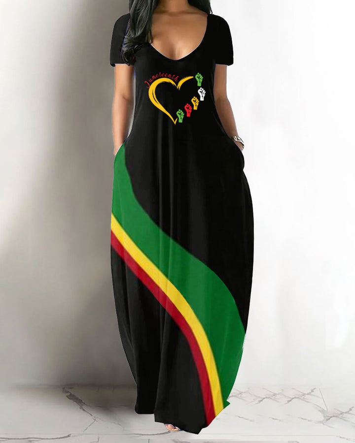 V-neck Juneteenth Love Stripes Pocket Maxi Dress