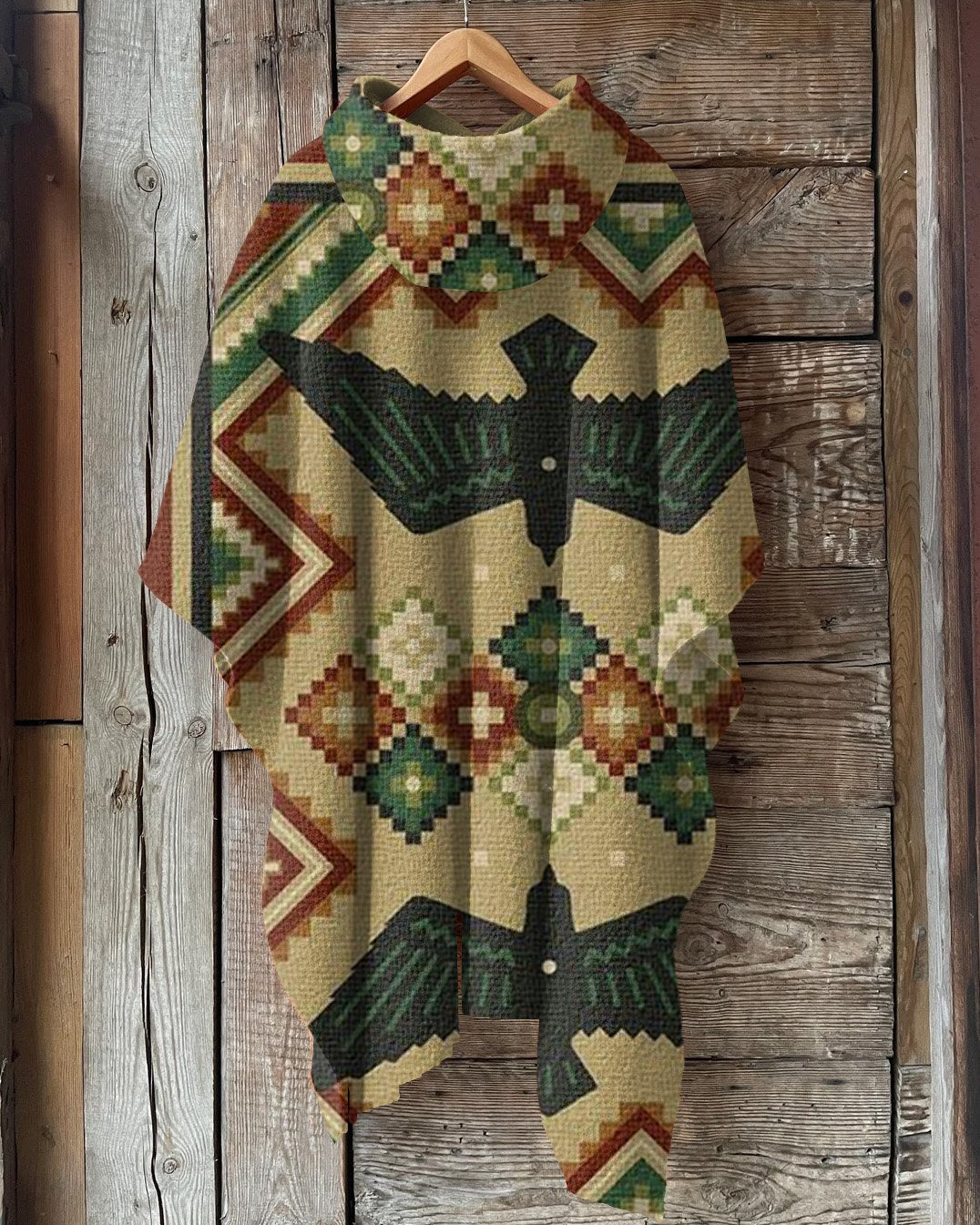 Tribal Eagle Geometric Print Hooded Warm Shawl Cape