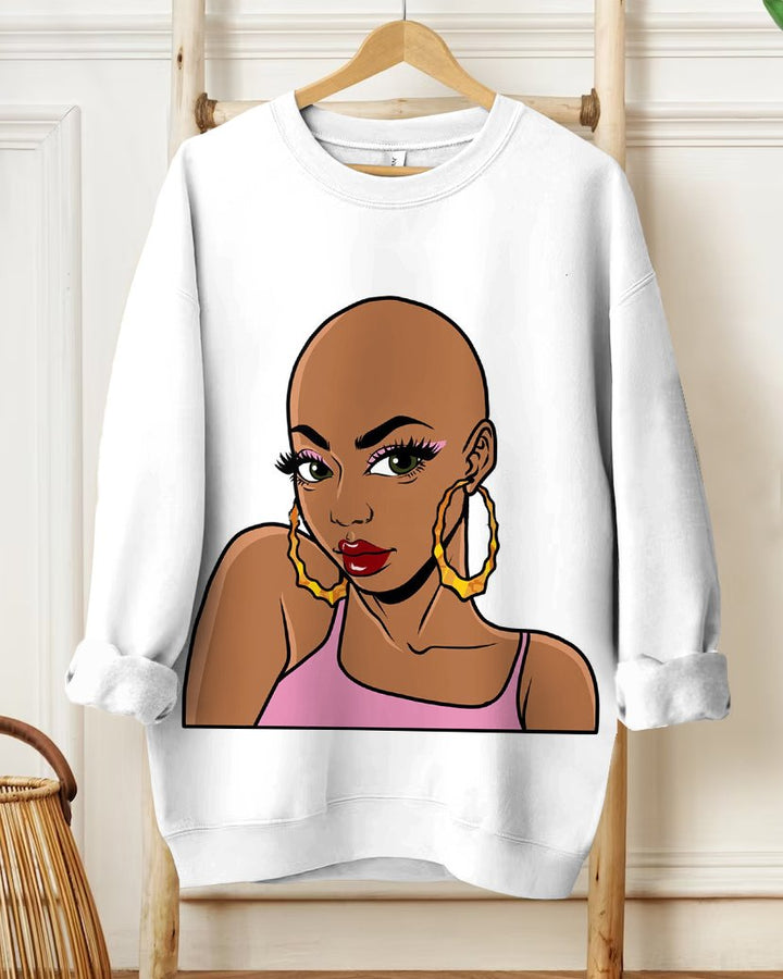 Women's Casual Fashion Bald Melanin Woman Head Prints Long-sleeved Sweatshirt