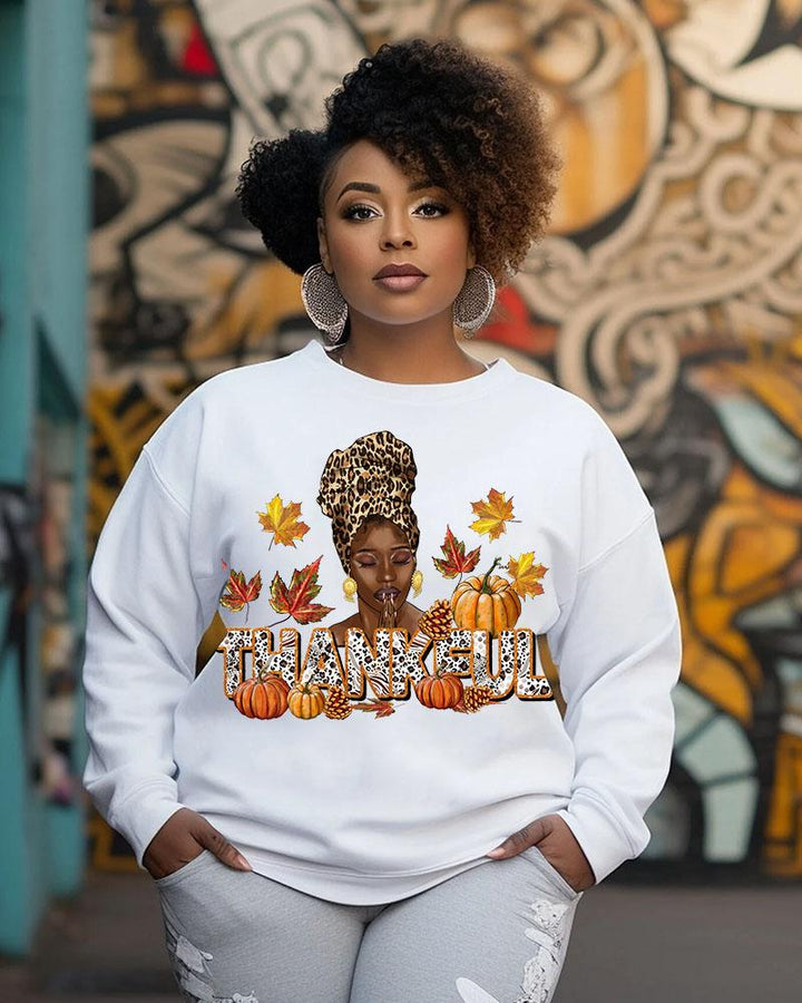 Women's Crewneck Thanksgiving Day Slogan Thankful Print Long Sleeve Sweatshirts