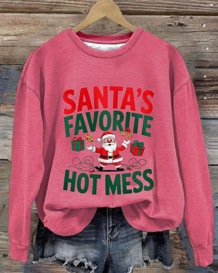 Women's Christmas Santa's Favorite Hotmess Print Crew Neck Sweatershirts