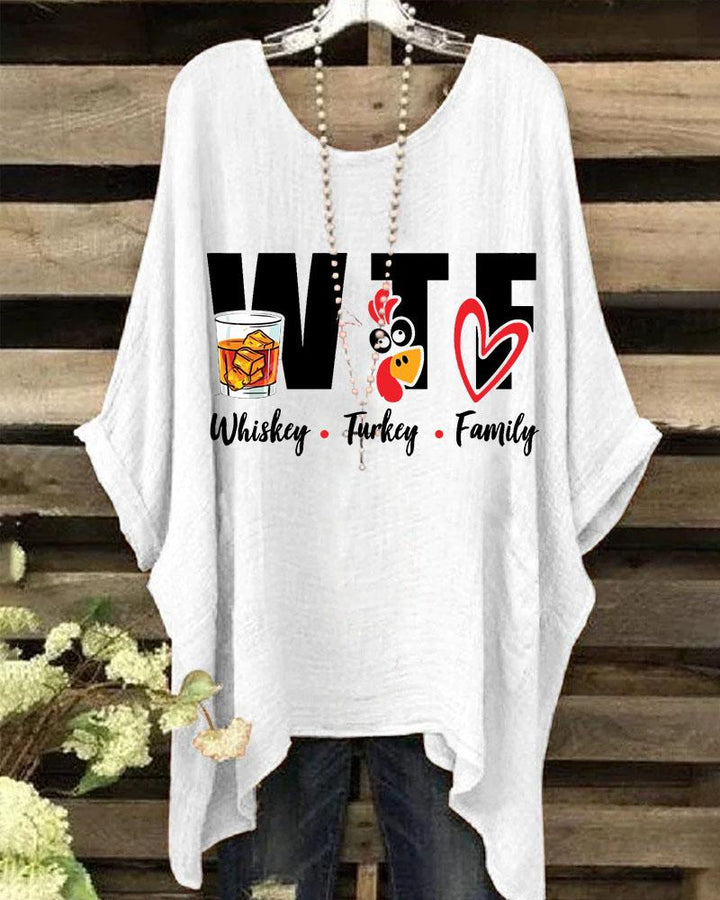 Thanksgiving Whiskey Turkey Family Batwing Sleeve Crewneck Printed Shirt