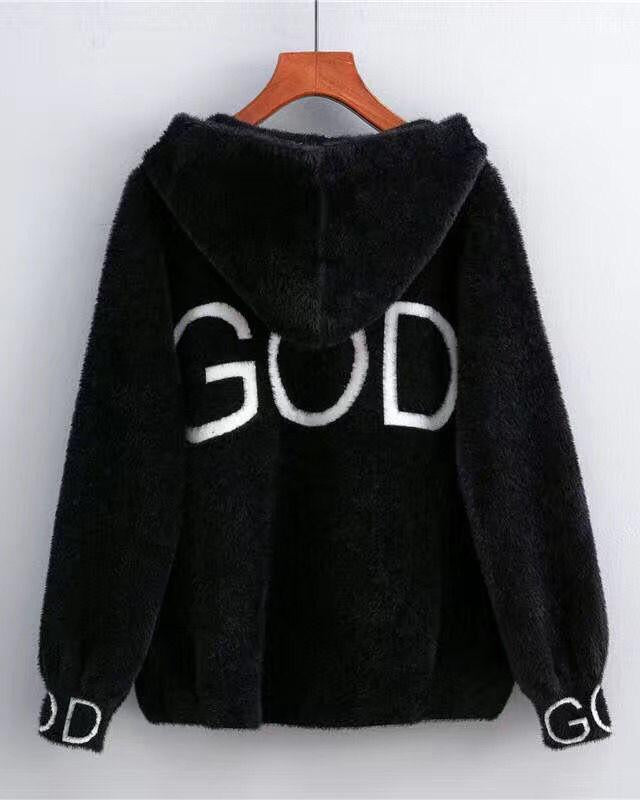 God Knitted Plush Hoodie Cardigan Jacket