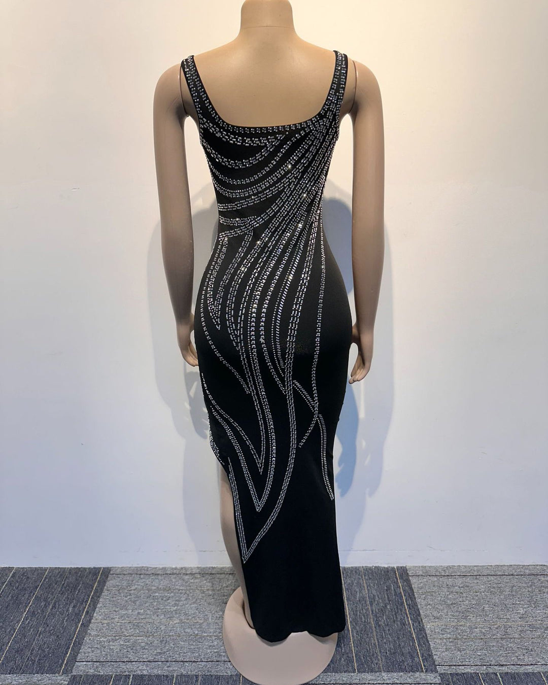 Women's Fashion Sexy Rhinestone Hip-Wrapped Slit Tight Elastic Evening Party Sleeveless Long Dress