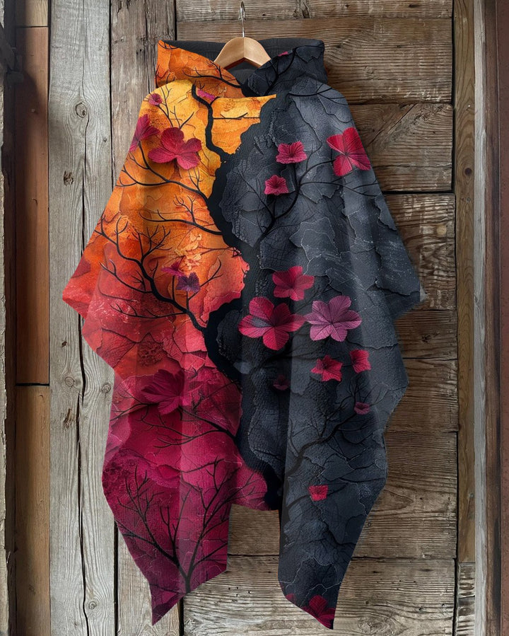 Artistic Contrasting Flowers Hooded Warm Shawl Cape