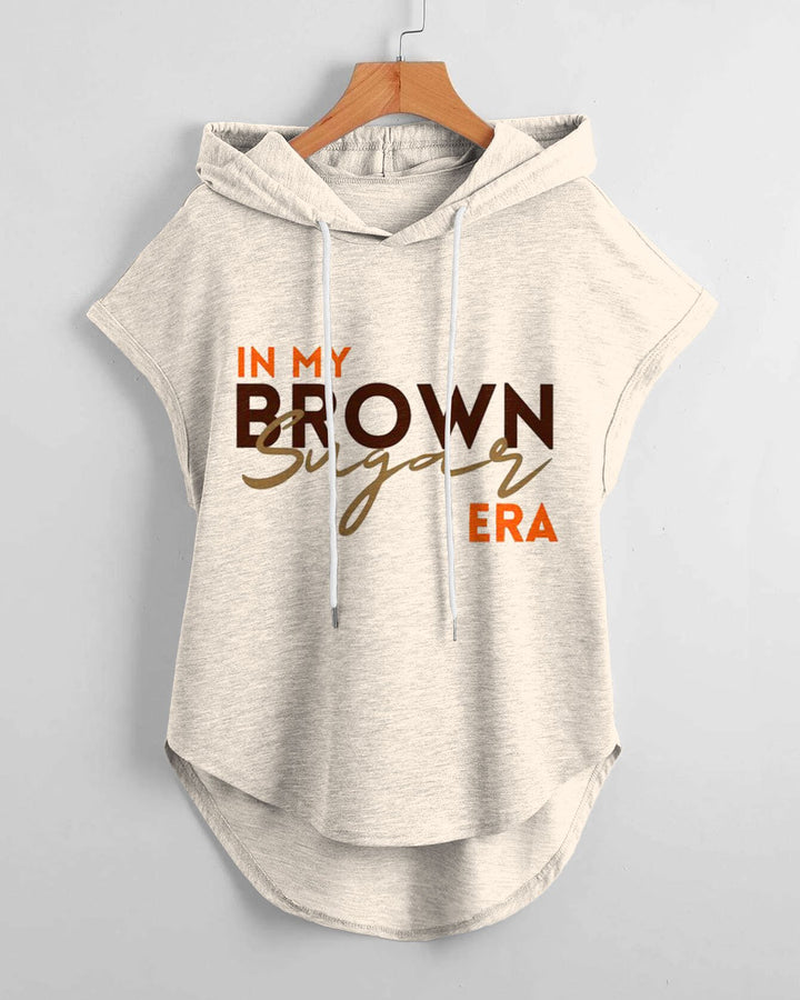 In My Brown Suger Low Hem Drawstring Hooded Tee