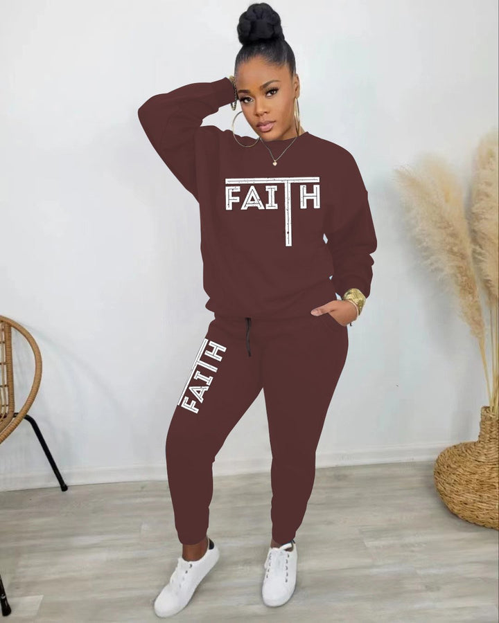 Faith Long-Sleeved Crew Neck Sweatshirt and  Letter Casual Pants