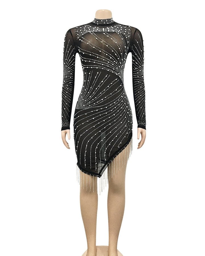 Women's Fashion Sexy Mesh See-through Hot Diamond Bubble Bead Tassel Long Sleeve Party Dress