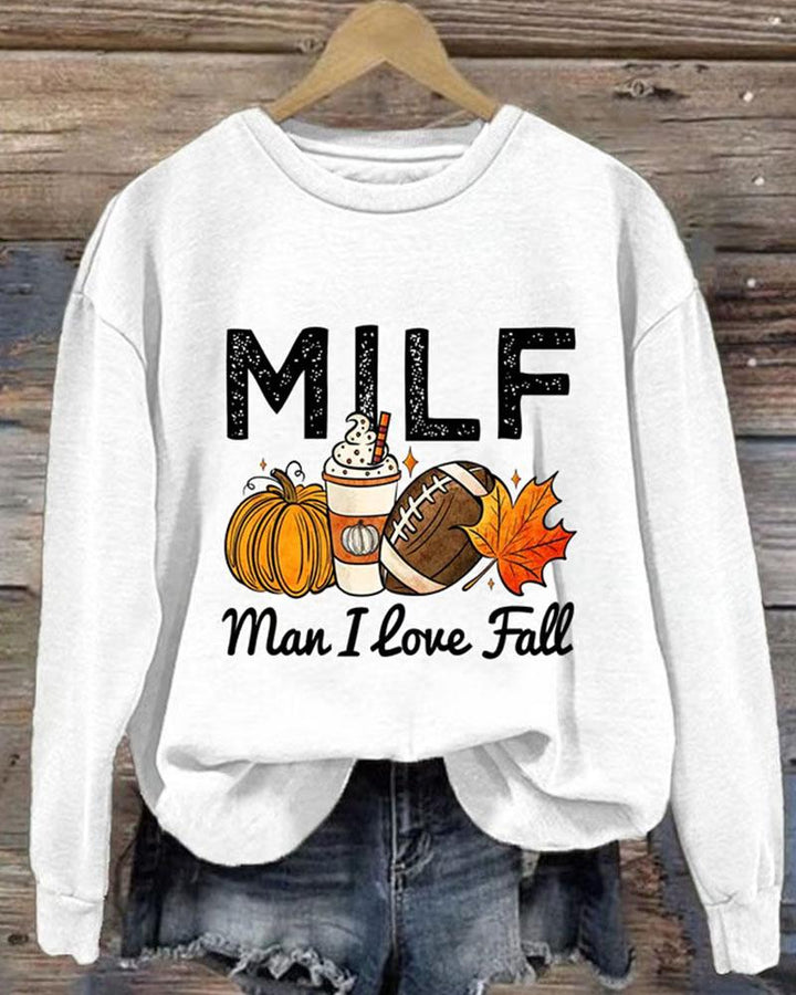 Women's Thanksgiving Man I Love Fall Print Round Neck Sweatshirt