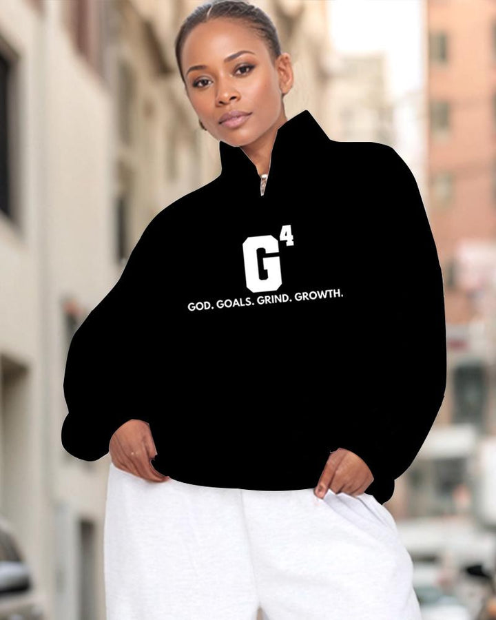 God Goals Grind Growth High Collar Zipper Long Sleeve Casual Sweatshirt