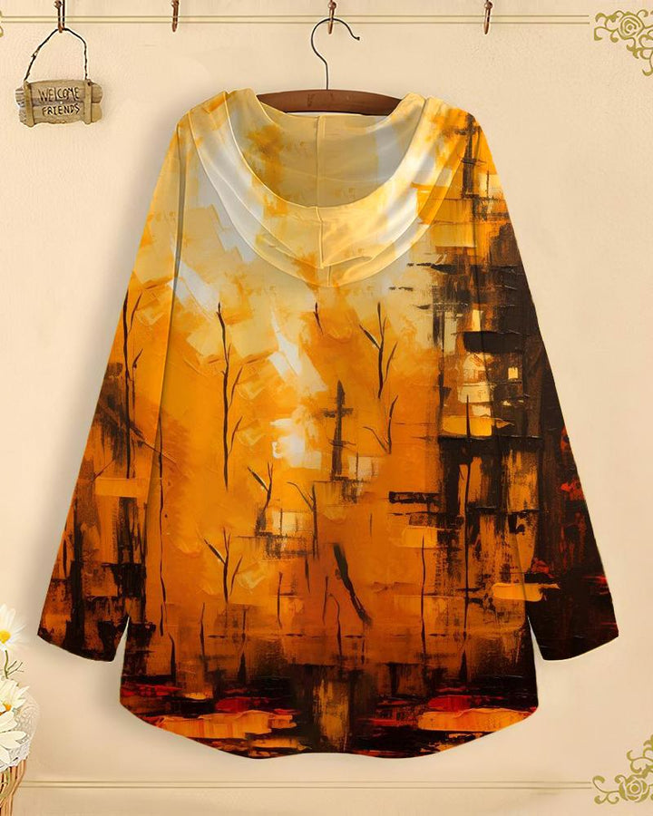 Retro Ethnic Print Long-Sleeved with Loose Hem Hoodie