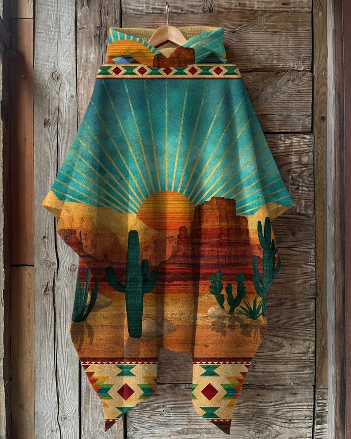 Cactus Sunset Hooded Warm Shawl Cape