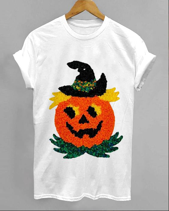 Halloween Simple 3D Plush Pumpkin Print Cotton Crew Neck Short Sleeve Shirt