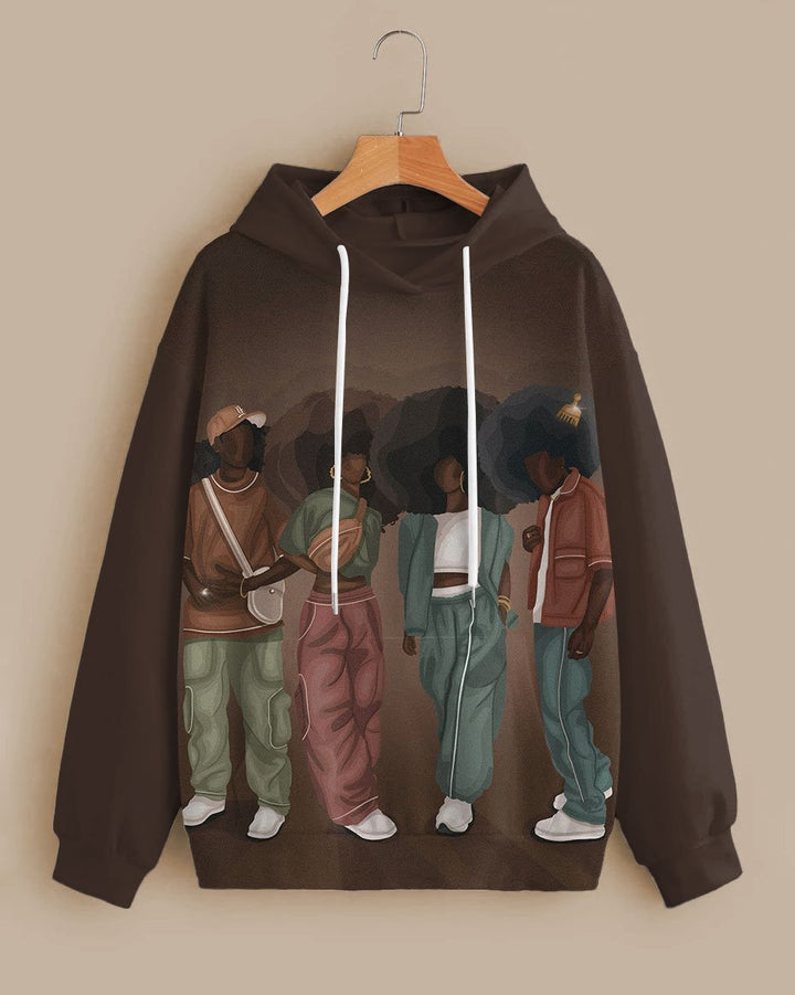 Fashion Simplicity Afro Young People Cartoon Print Long-sleeved Hoodie