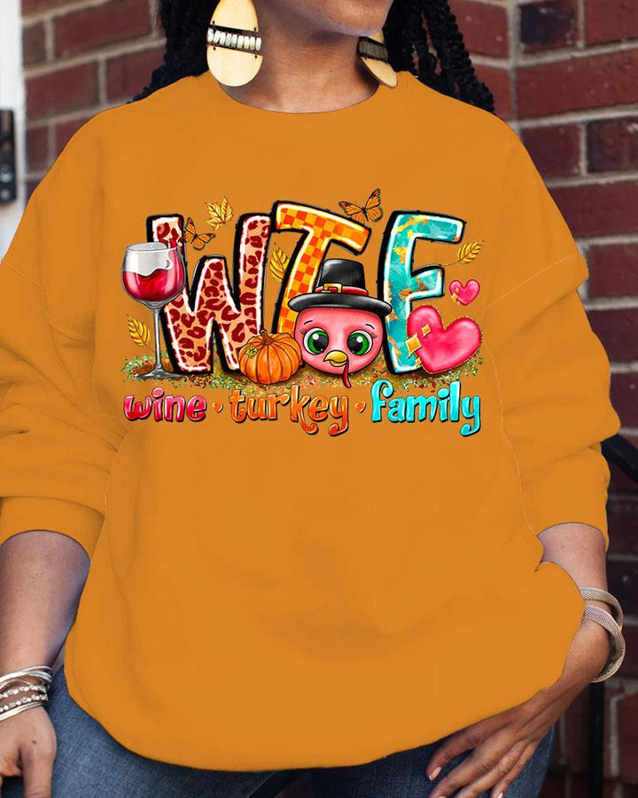 Thanksgiving Wine Turkey Family Printed Round Neck Long Sleeve Sweater