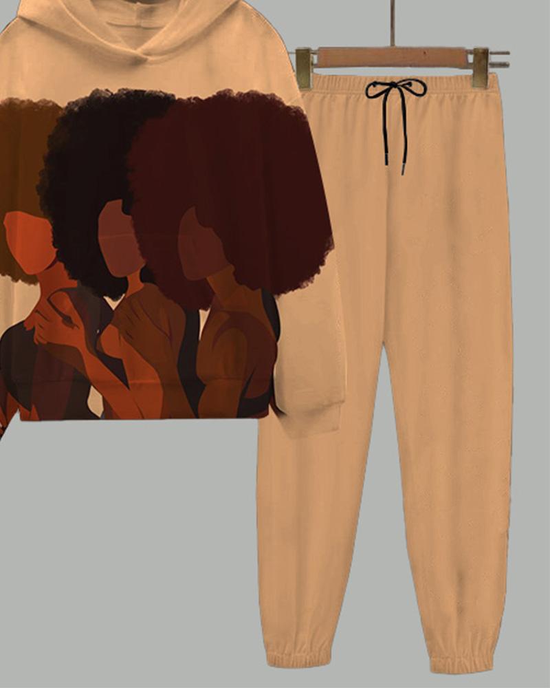 Melanin Girl Long-Sleeved Hoodie and Letter Casual Pants Set