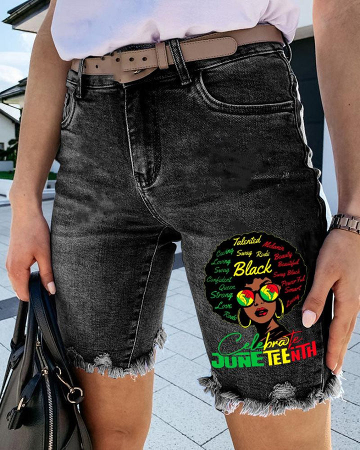 Juneteenth Black Girl Letter Print Denim Cropped Shorts