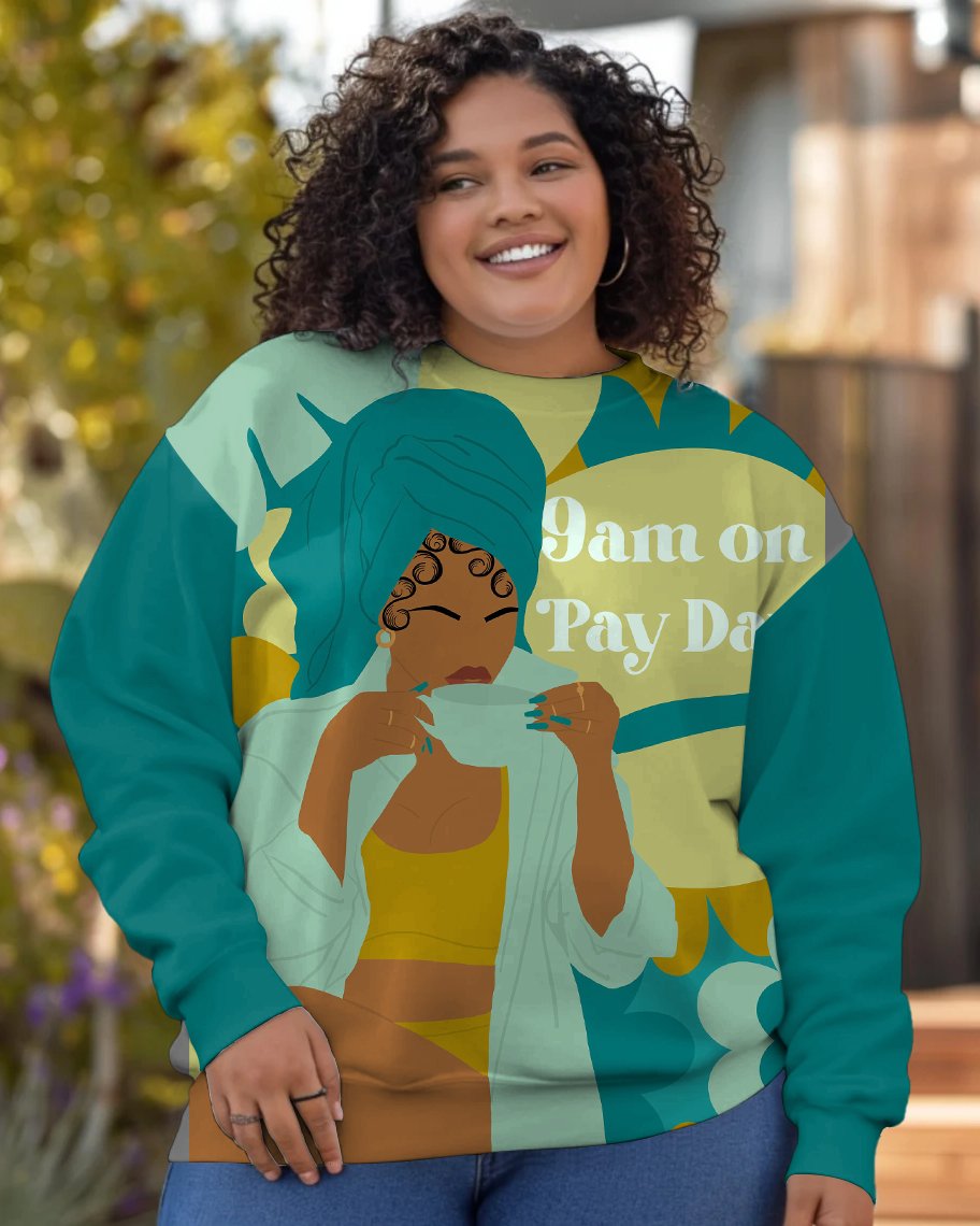 9 Am On Pay Day Letter Cartoon Print Long Sleeve Sweatshirt