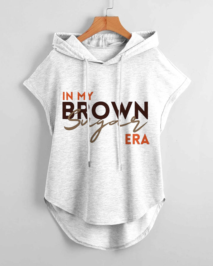 In My Brown Suger Low Hem Drawstring Hooded Tee