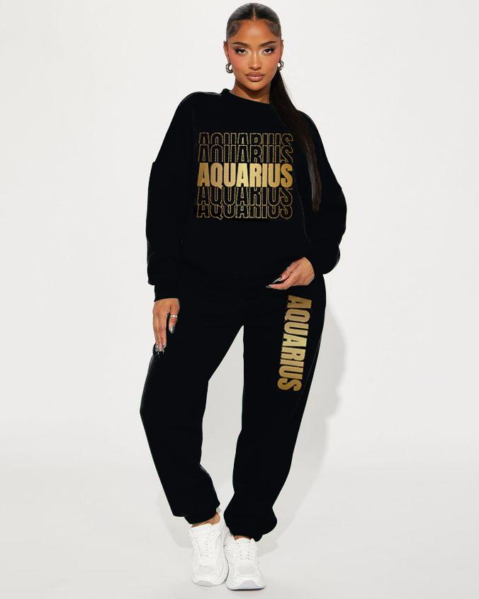 Stacked Aquarius Zodiac Crew Neck Sweatshirt Two Pieces Set