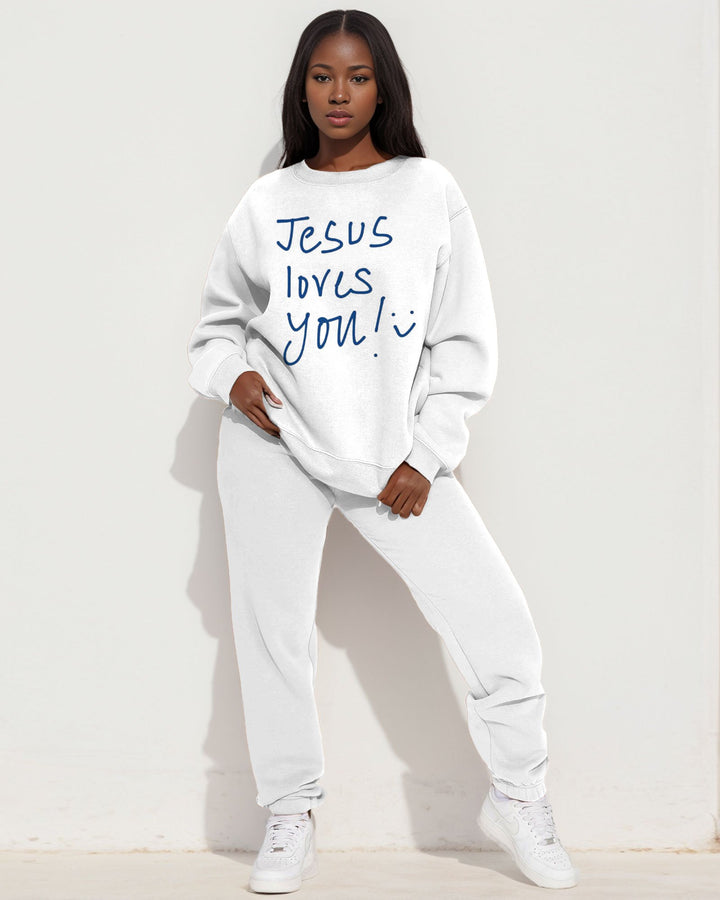 JESUS Loves You Print Long Sleeve Sweatshirt Two Pieces Set