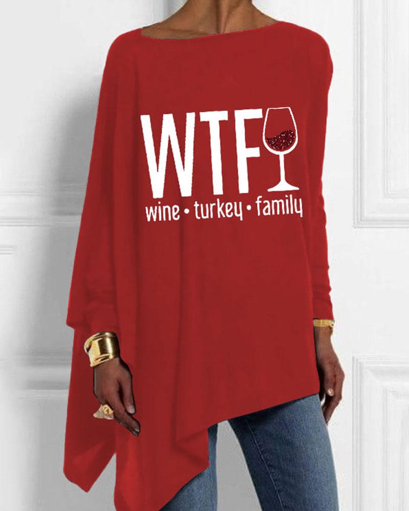 Women's Thanksgiving Wine Turkey Family Printed Irregular Hem Long Sleeve T-Shirt