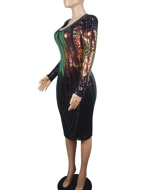 Women's Fashion Sequin V-Neck Geometric Pattern Print Evening Party Long-Sleeved Dress