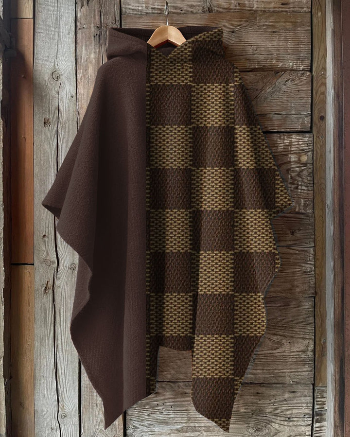 Brown Plaid Stitching Hooded Warm Shawl Cape