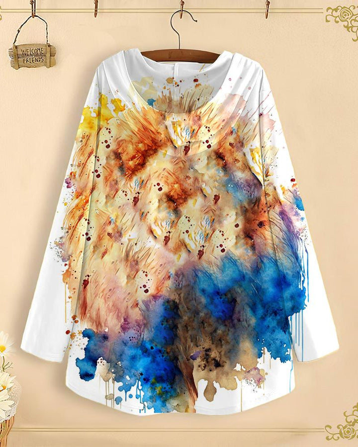 Watercolor Painting Lion Long-Sleeved with Loose Hem Hoodie