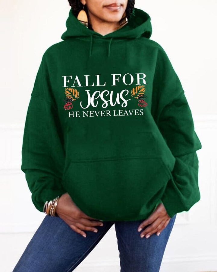 Women's Faith Fall For Jesus He Never Leaves Pocket Long Sleeve Hoodie