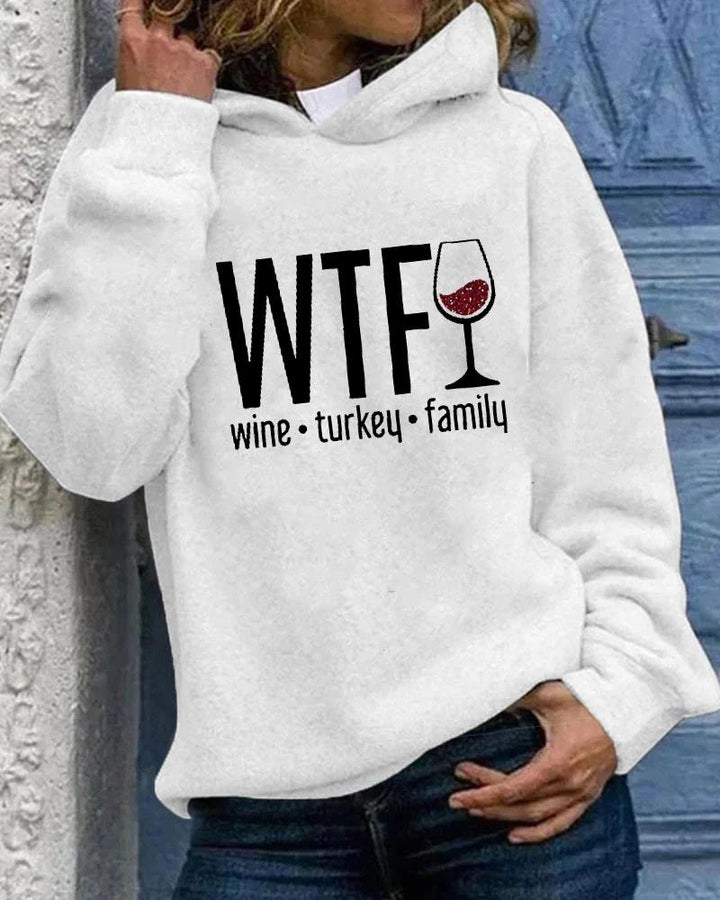 Women's Thanksgiving Wine Turkey Family Print Long Sleeve Hoodie With Pocket