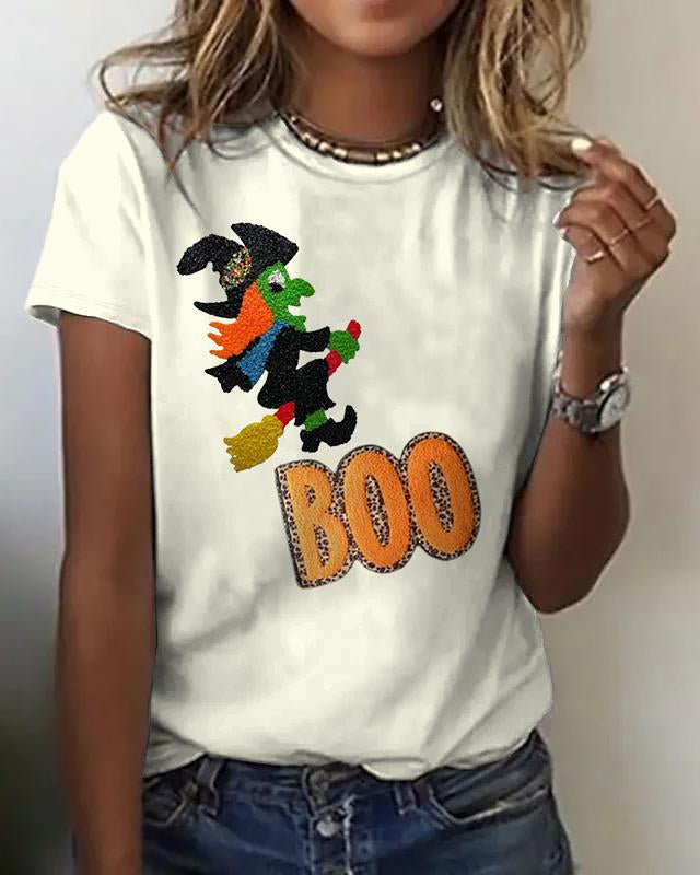 Halloween Simple 3D Plush Witch Print Cotton Crew Neck Short Sleeve Shirt