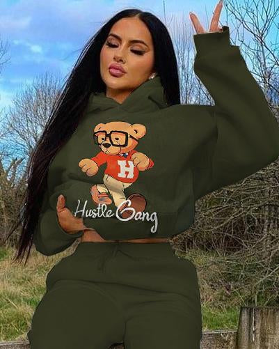 Cute Brown Bear Cartoon Long Sleeve Hoodie Two Pieces Set