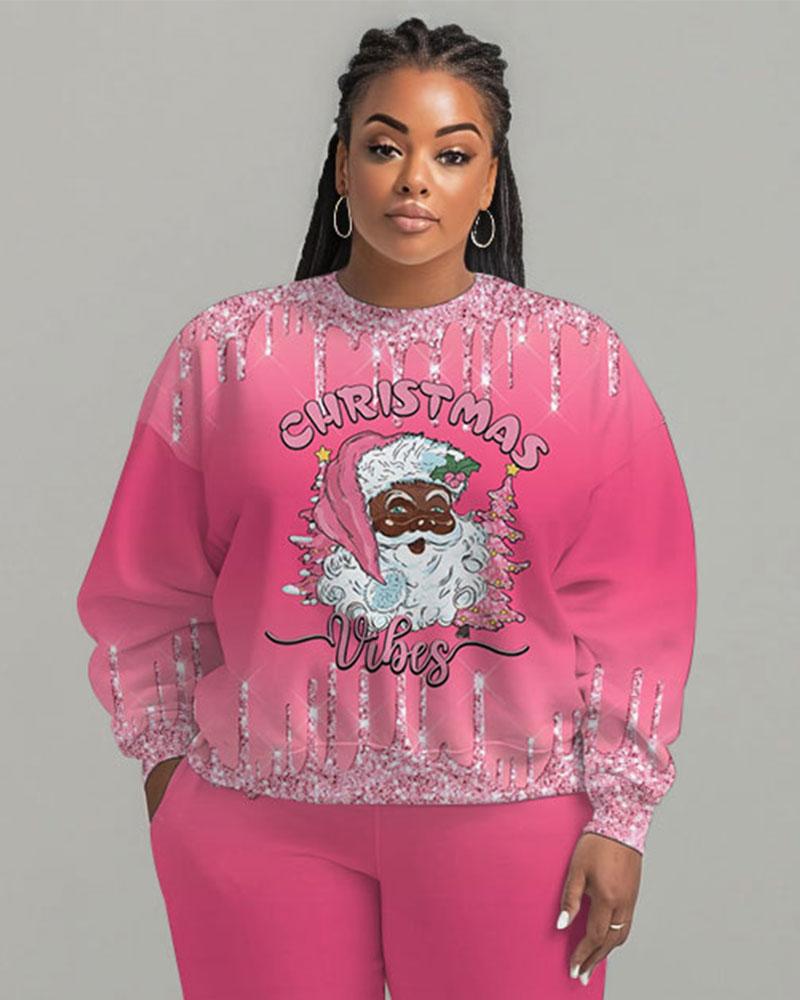 Shiny Christmas Vibes Print Long Sleeve Sweatshirt Two Pieces Set