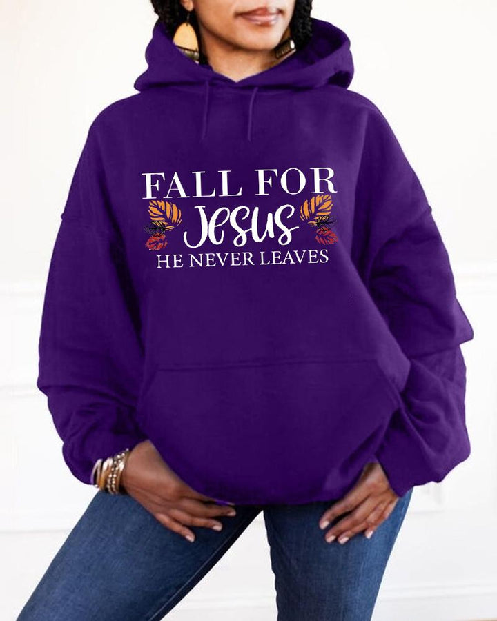 Women's Faith Fall For Jesus He Never Leaves Pocket Long Sleeve Hoodie