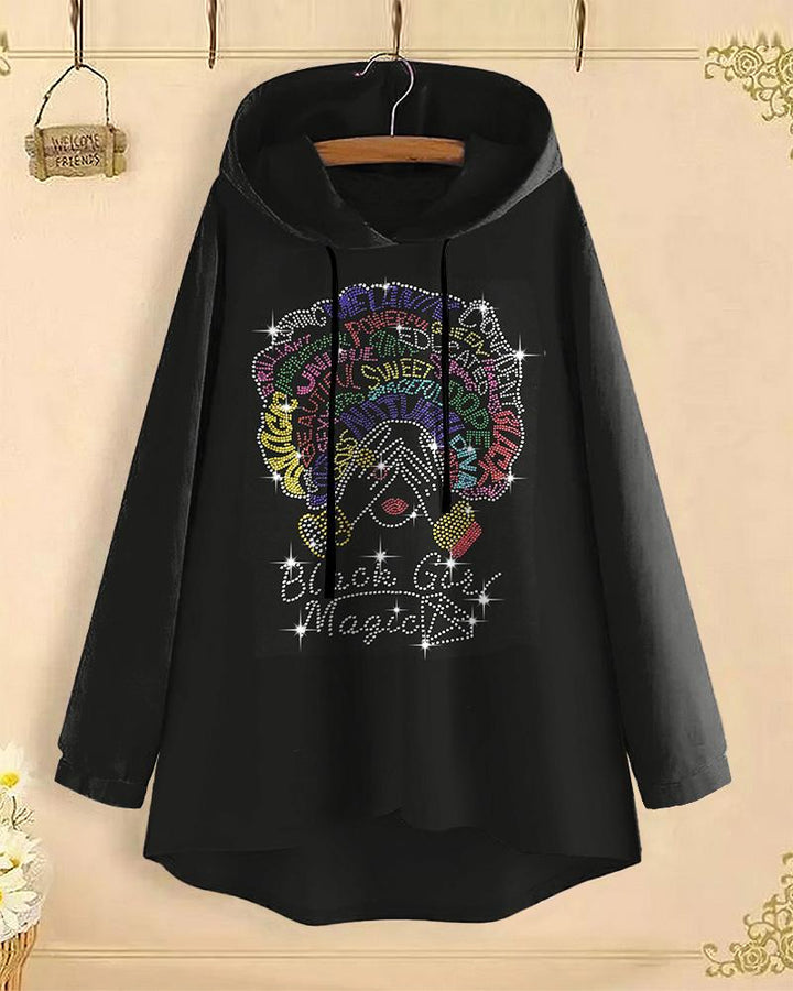 Shiny Black Girl Magic Long-Sleeved with Loose Hem Hoodie（Printed style, not rhinestones）