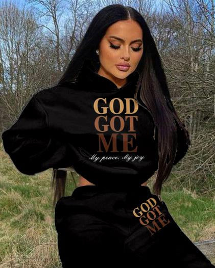 God Got Me Letter Printing Long Sleeve Hoodie Two Pieces Set