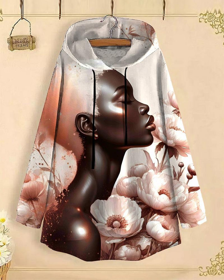 Flower Portrait Art Print Long-Sleeved with Loose Hem Hoodie