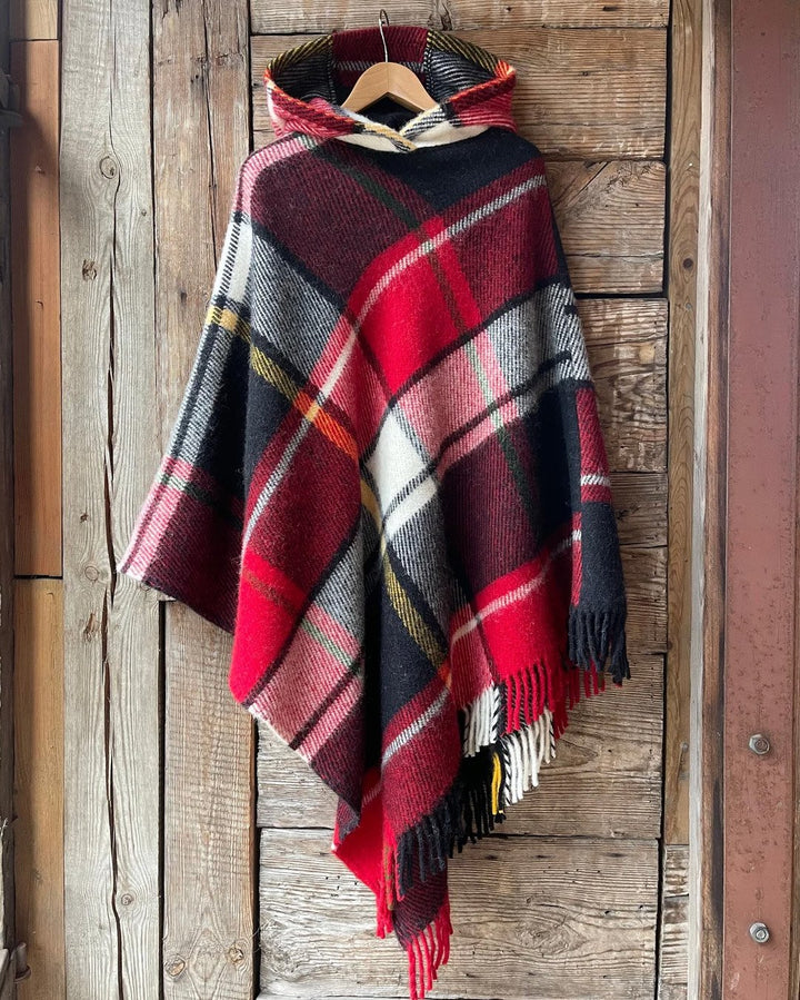 Classic Red Plaid Tassels Hooded Warm Shawl Cape