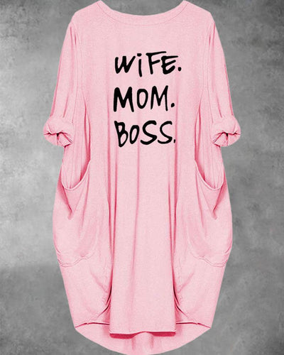 Wife Mom Boss Long Sleeve Pockets Midi Dresses