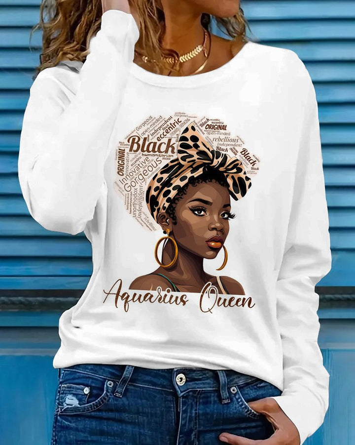 Aquarius Queen Print Crew Neck Long Sleeve T-shirt