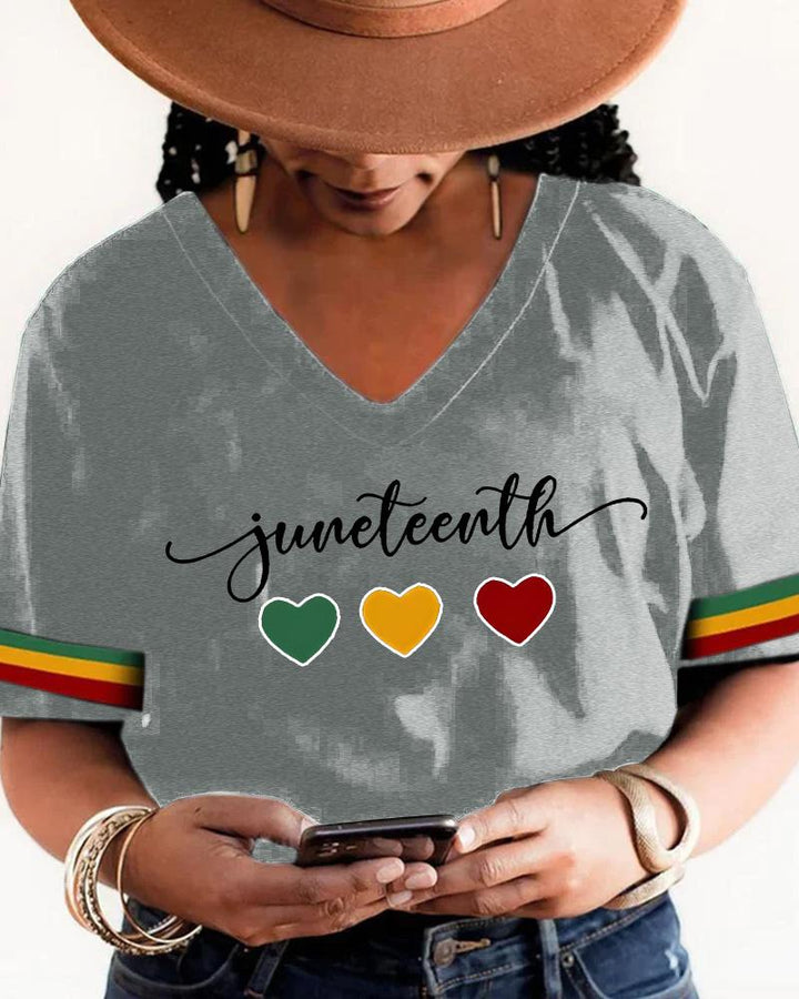 Juneteenth Heart Letter Print V Neck Short Sleeves