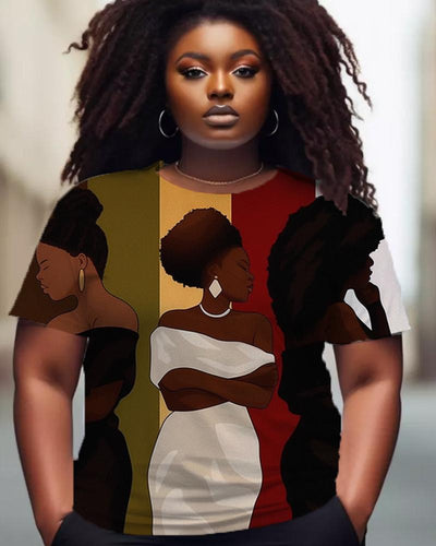 Black Cute Color Block Girl Printed Short Sleeve T-shirt