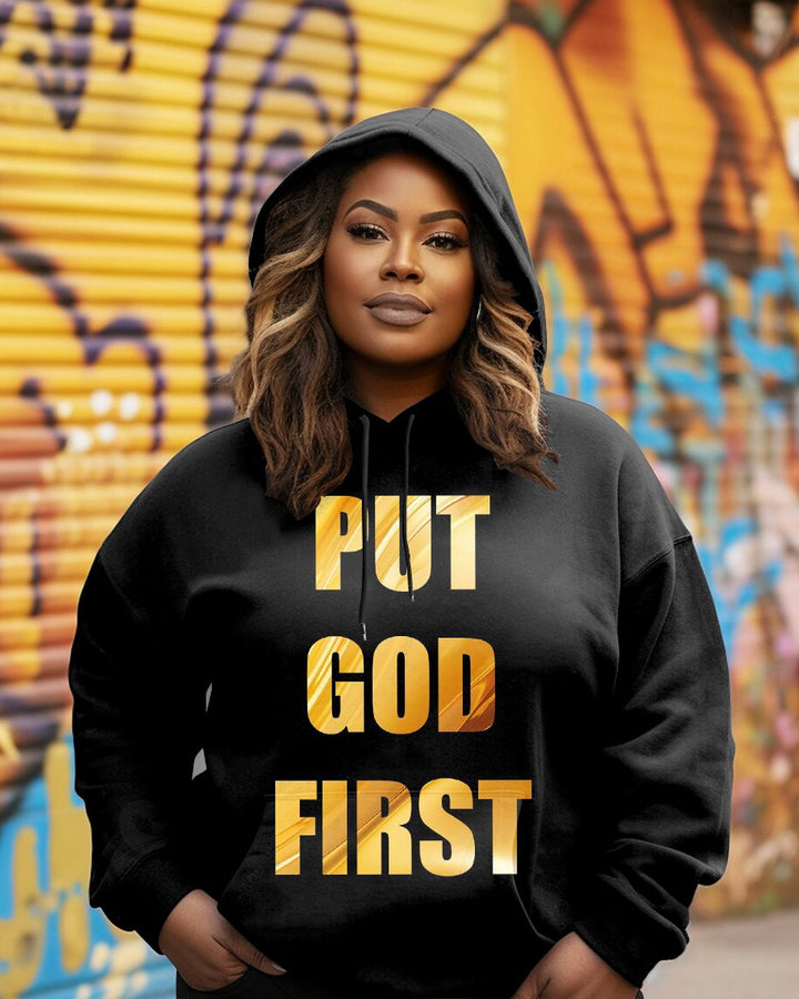 Women's Fashion Daily Put God First Letter Print Long-sleeved Hooded Sweatshirt